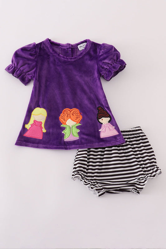 PURPLE HALLOWEEN WITCH APPLIQUE VELVET BLOOMER SET ABBIE & EVIE