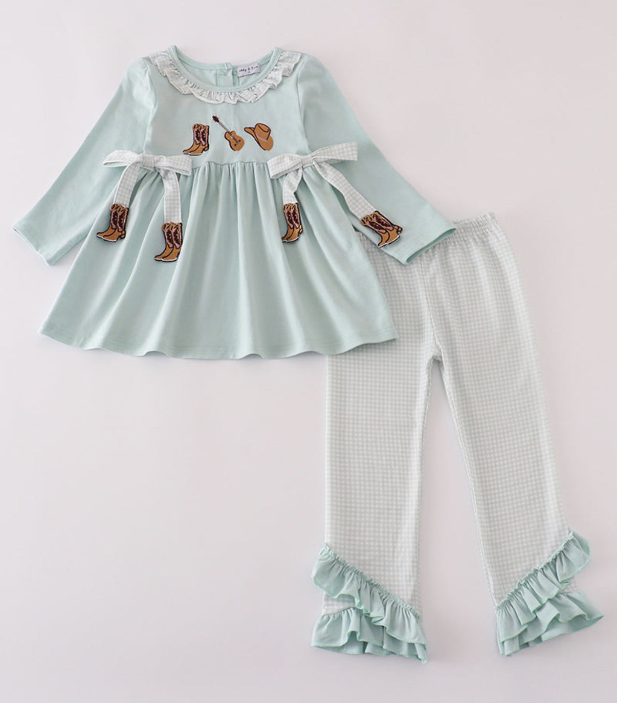 BLUE BOOTS EMBROIDERY RUFFLE PANTS SET