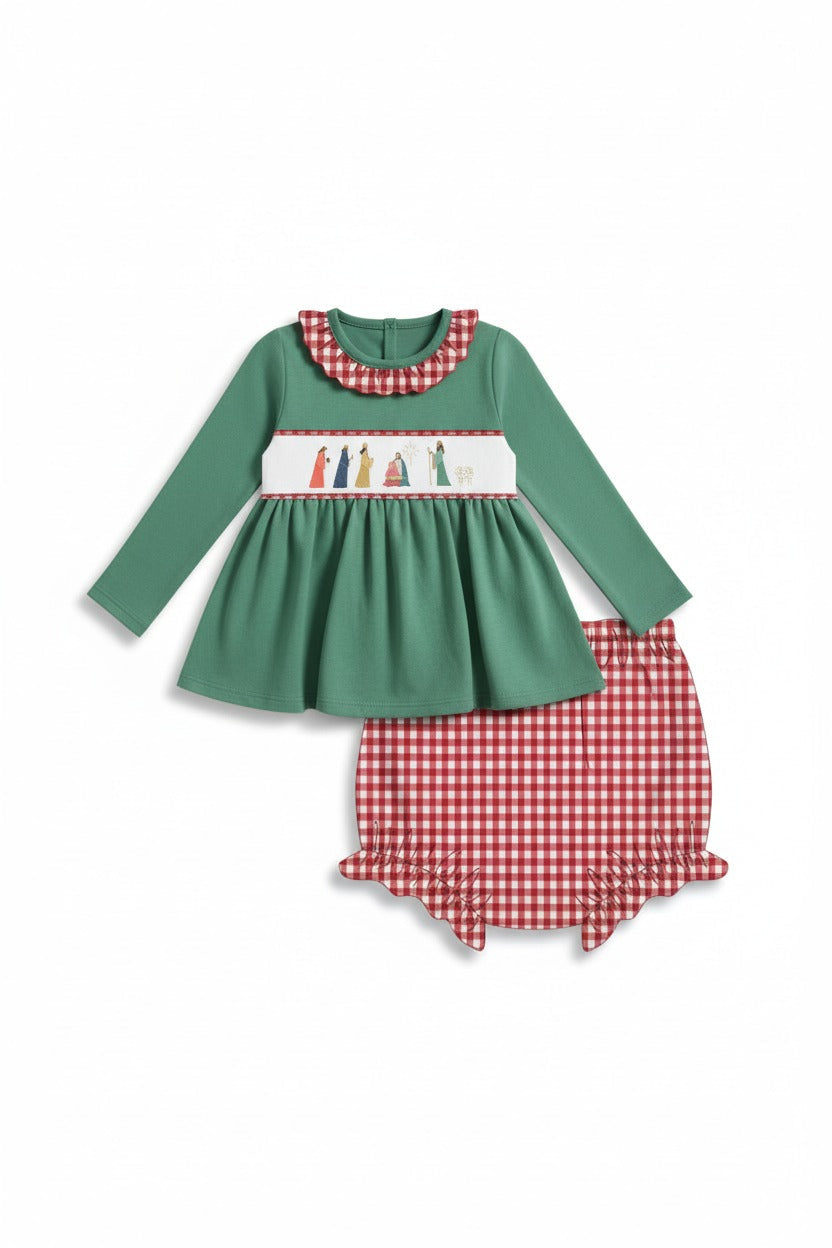 GREEN NATIVITY EMBROIDERY BLOOMER SET