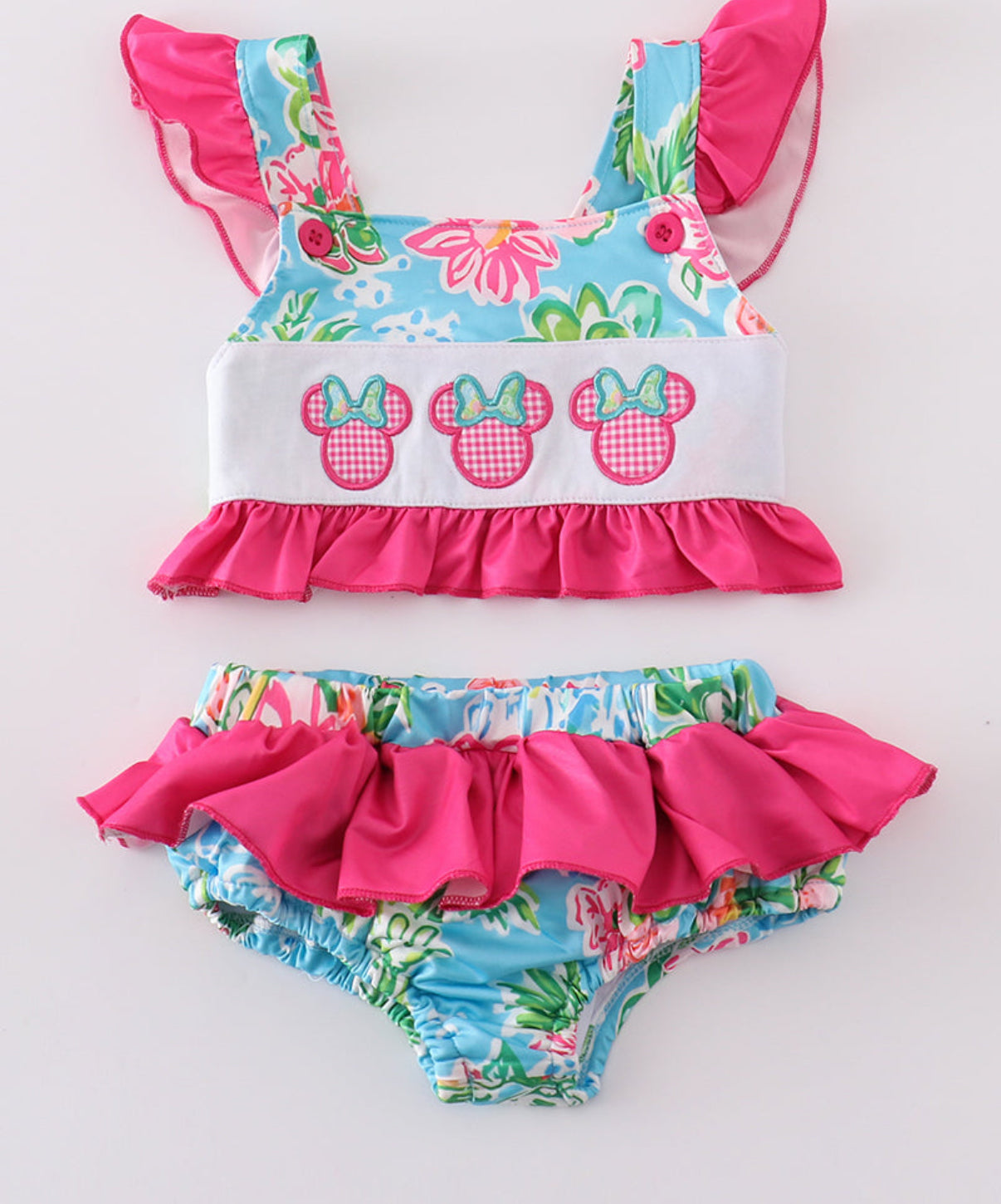 PINK FLORAL CHARACTER APPLIQUE 2PC GIRL SWIMSUIT