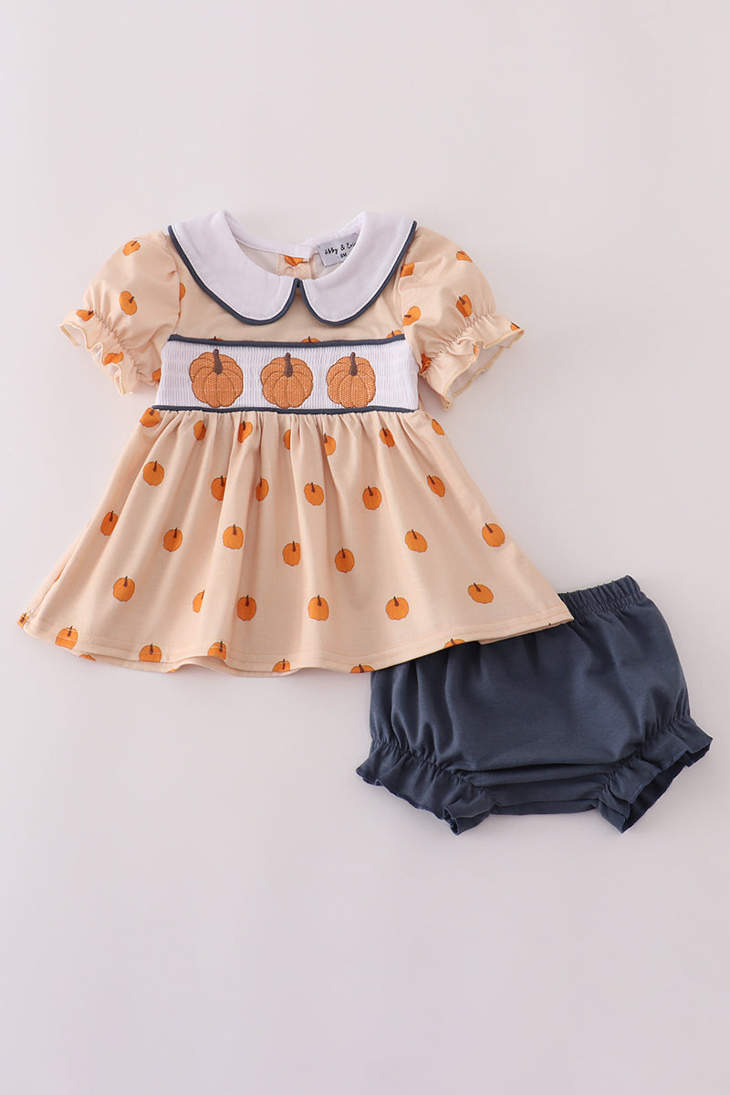 KHAKI EMBROIDERY SMOCKED BLOOMER SET