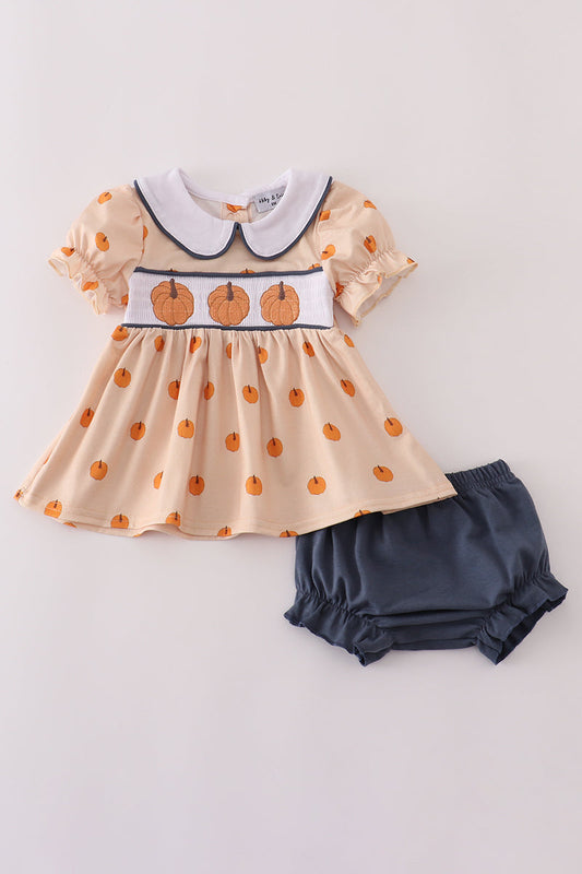 KHAKI EMBROIDERY SMOCKED BLOOMER SET
