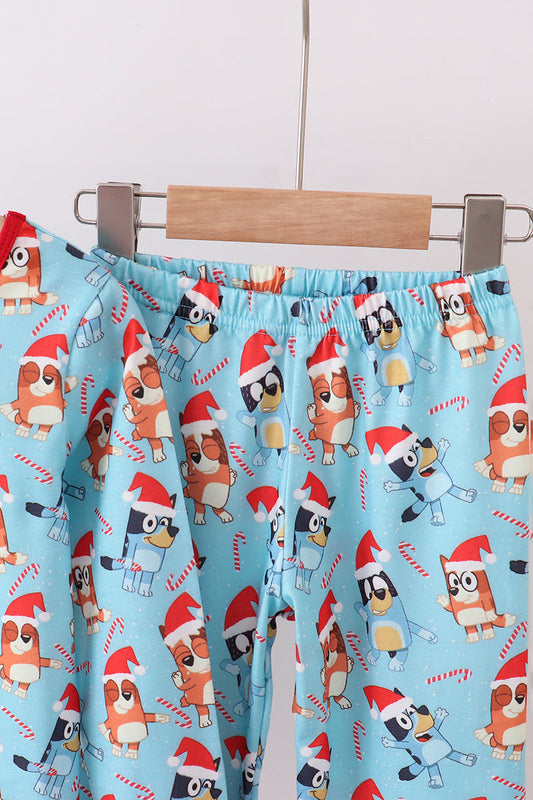 BLUE CHRISTMAS CHARACTER PRINT RUFFLE PAJAMAS SET