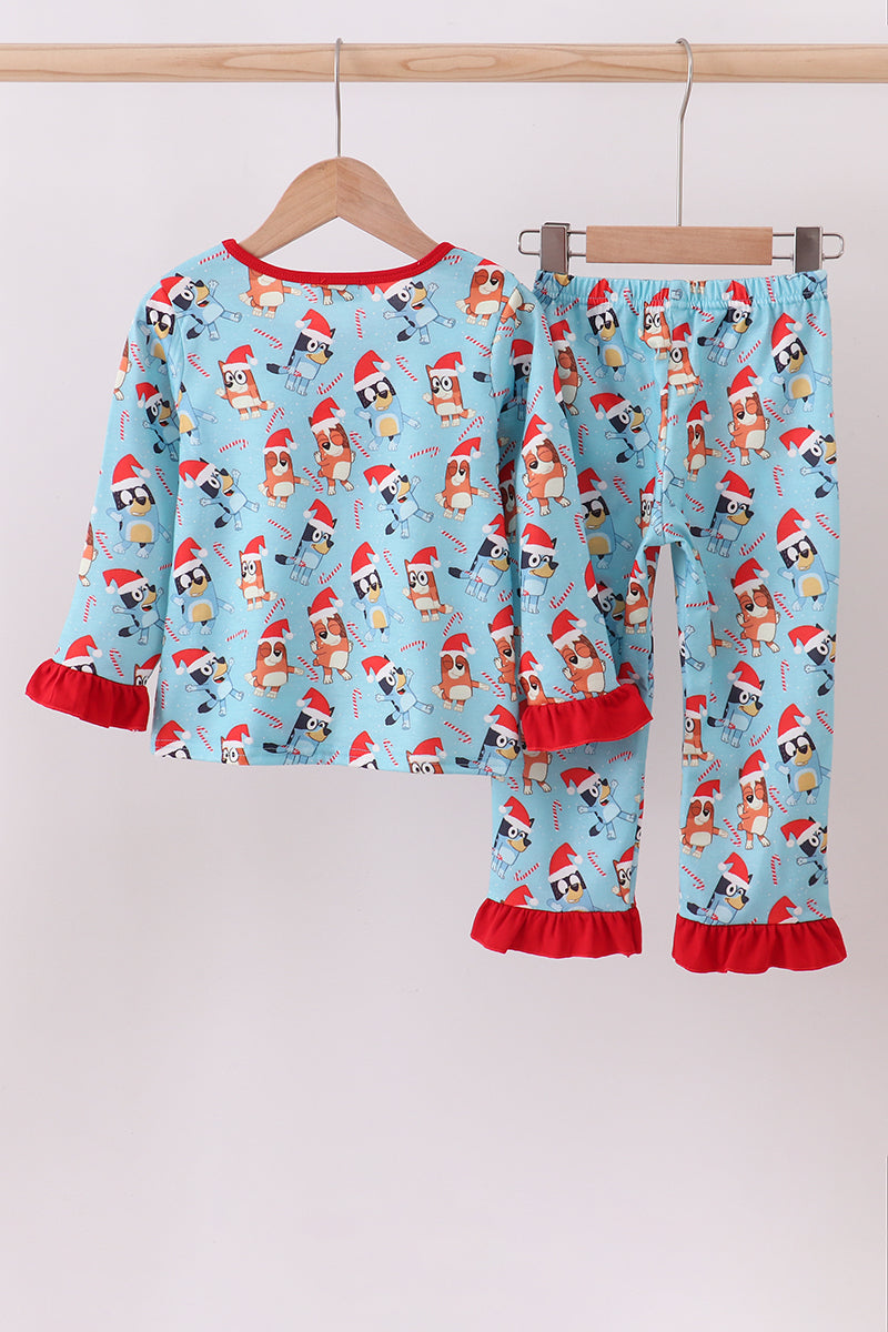 BLUE CHRISTMAS CHARACTER PRINT RUFFLE PAJAMAS SET