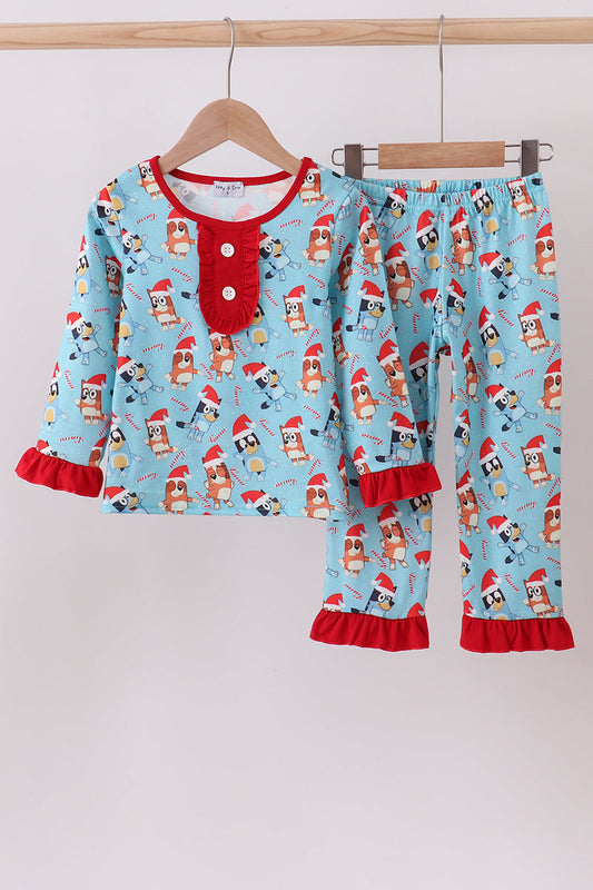 BLUE CHRISTMAS CHARACTER PRINT RUFFLE PAJAMAS SET