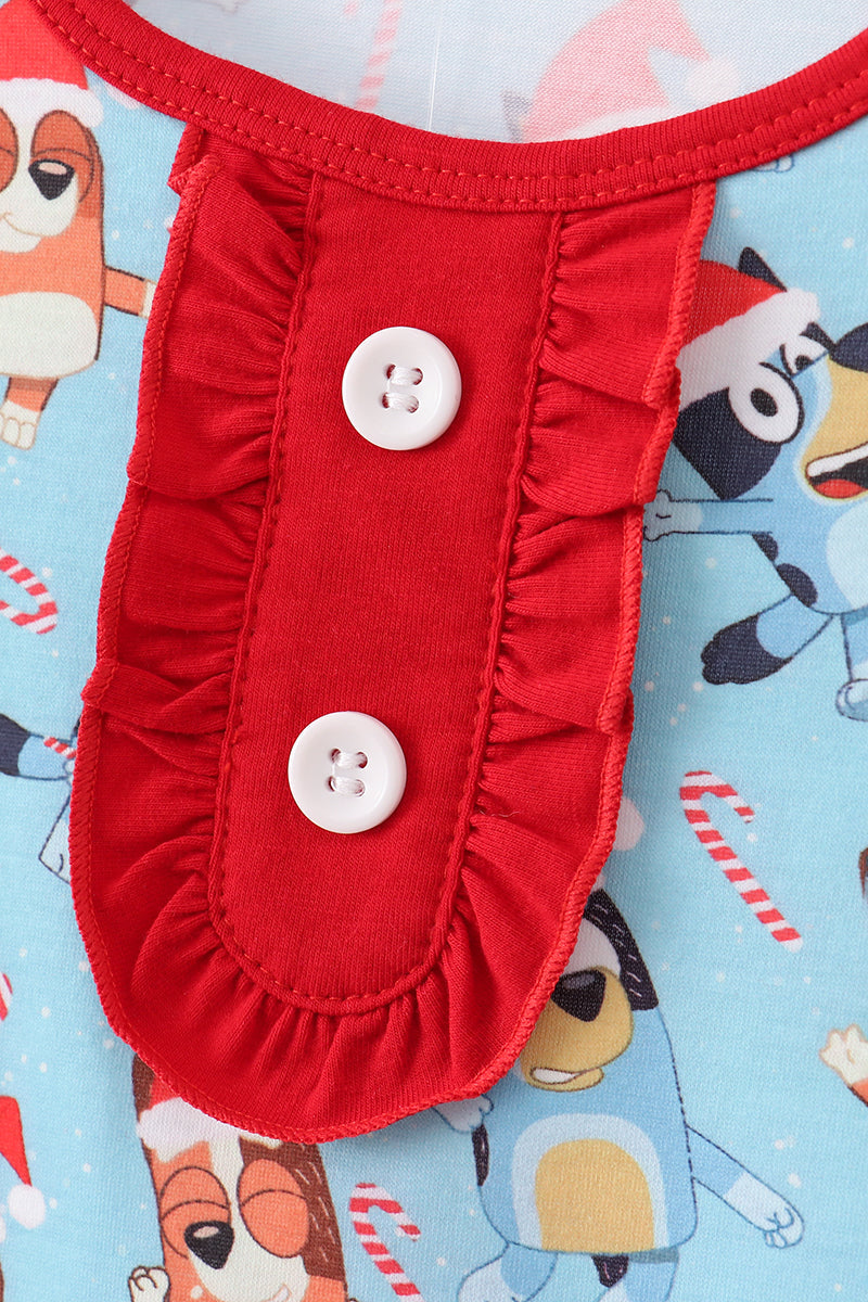 BLUE CHRISTMAS CHARACTER PRINT RUFFLE PAJAMAS SET