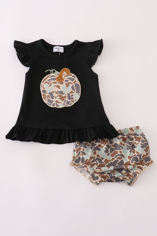 BLACK CAMOUFLAGE PUMPKIN APPLIQUE BLOOMER SET