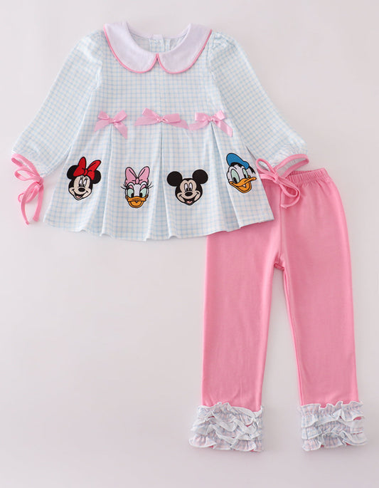PINK CHARACTER EMBROIDERY RUFFLE PANTS SET