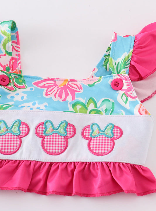 PINK FLORAL CHARACTER APPLIQUE 2PC GIRL SWIMSUIT