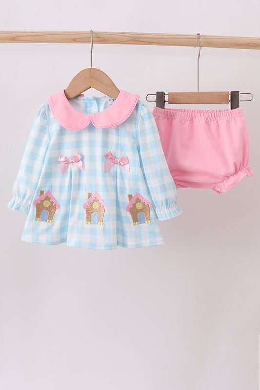 BLUE GINGERBREAD HOUSE EMBROIDERY RUFFLE GINGHAM BLOOMER SET