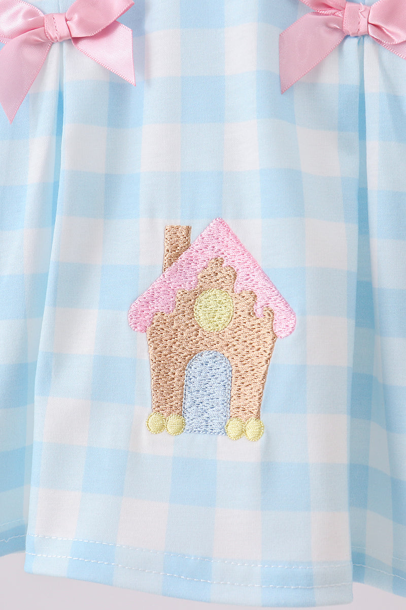 BLUE GINGERBREAD HOUSE EMBROIDERY RUFFLE GINGHAM BLOOMER SET