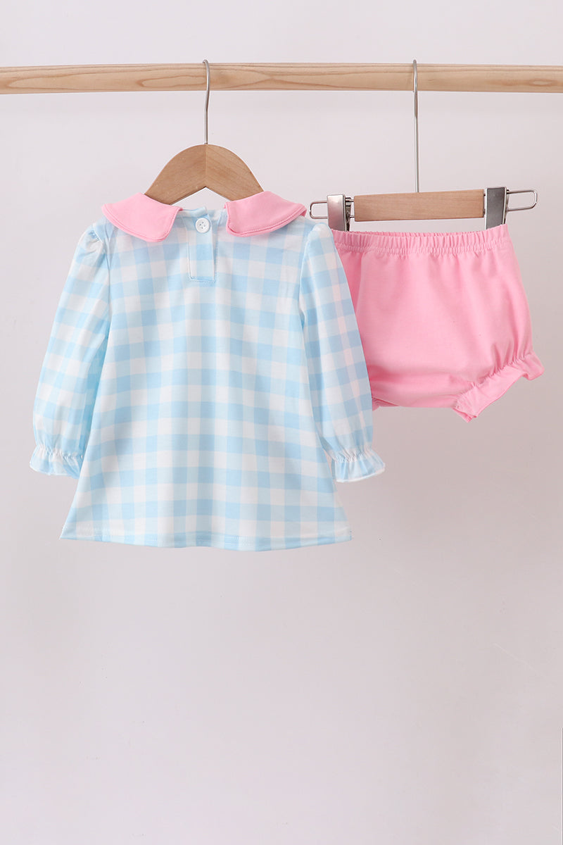BLUE GINGERBREAD HOUSE EMBROIDERY RUFFLE GINGHAM BLOOMER SET