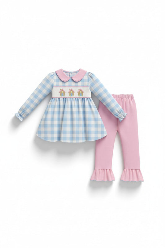 BLUE GINGERBREAD HOUSE EMBROIDERY GINGHAM RUFFLE PANTS SET