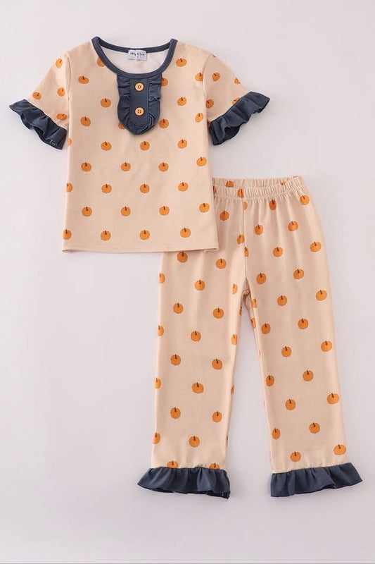 KHAKI PRINT RUFFLE PAJAMAS SET